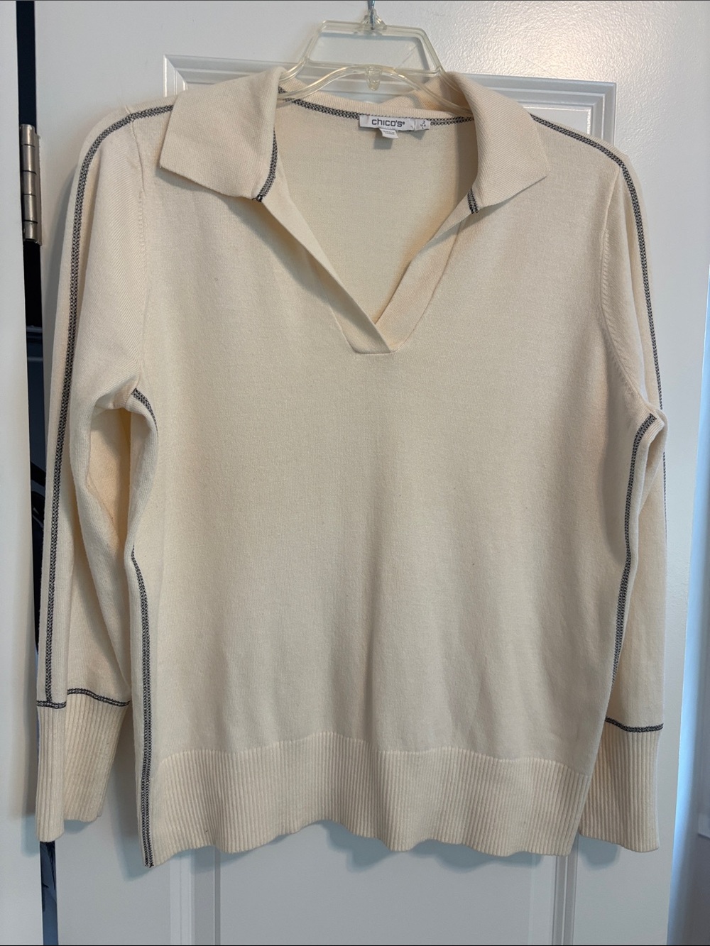 Chico's Cream V-Neck Collared Pullover with Contrast Stitch. Size L/2.